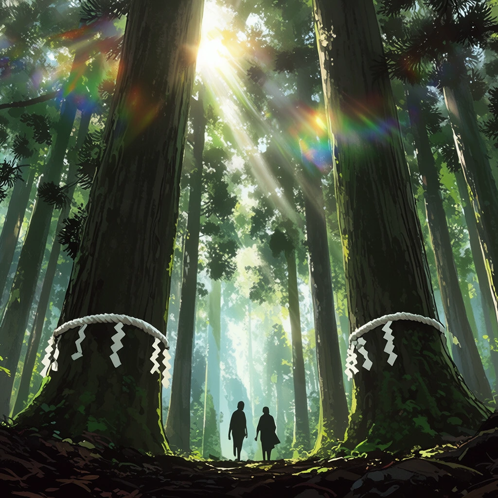 Two small silhouetted figures walk through an ancient anime-style forest of towering cedar trees. Two massive foreground trunks are wrapped in thick white sacred ropes with paper streamers. Brilliant sunlight pierces the dense canopy, creating dramatic volumetric rays and a rainbow lens flare. The dark forest floor contrasts with a luminous, mist-filled background.