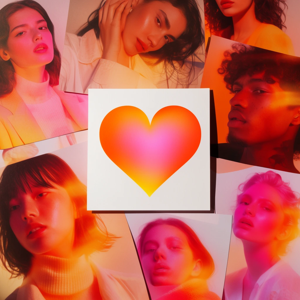 central white square card with a vibrant orange pink and yellow gradient sideways heart shape, flat lay arrangement over scattered editorial portrait photographs, models bathed in vivid neon pink and orange gel lighting, expressive fashion poses, glowing sunset color palette, warm aura effects, top-down perspective