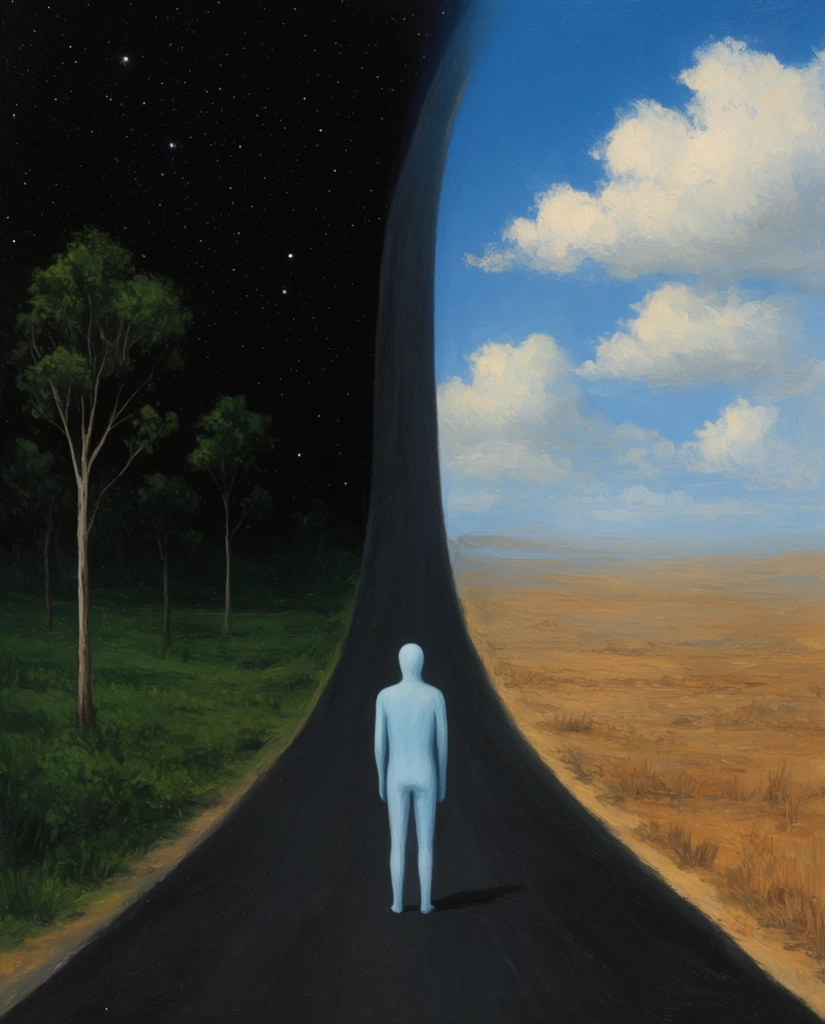 A surreal painting split vertically by a dark road bending sharply upward into the sky, forming a stark boundary between day and night. A solitary, pale blue, featureless humanoid stands centrally on the asphalt facing away. The left half features a starry black night sky over a lush dark green landscape with slender trees. The right half displays a bright blue sky with fluffy white clouds over a dry golden-brown terrain. The composition uses textured brushstrokes to emphasize the dramatic juxtaposition of contrasting environments.