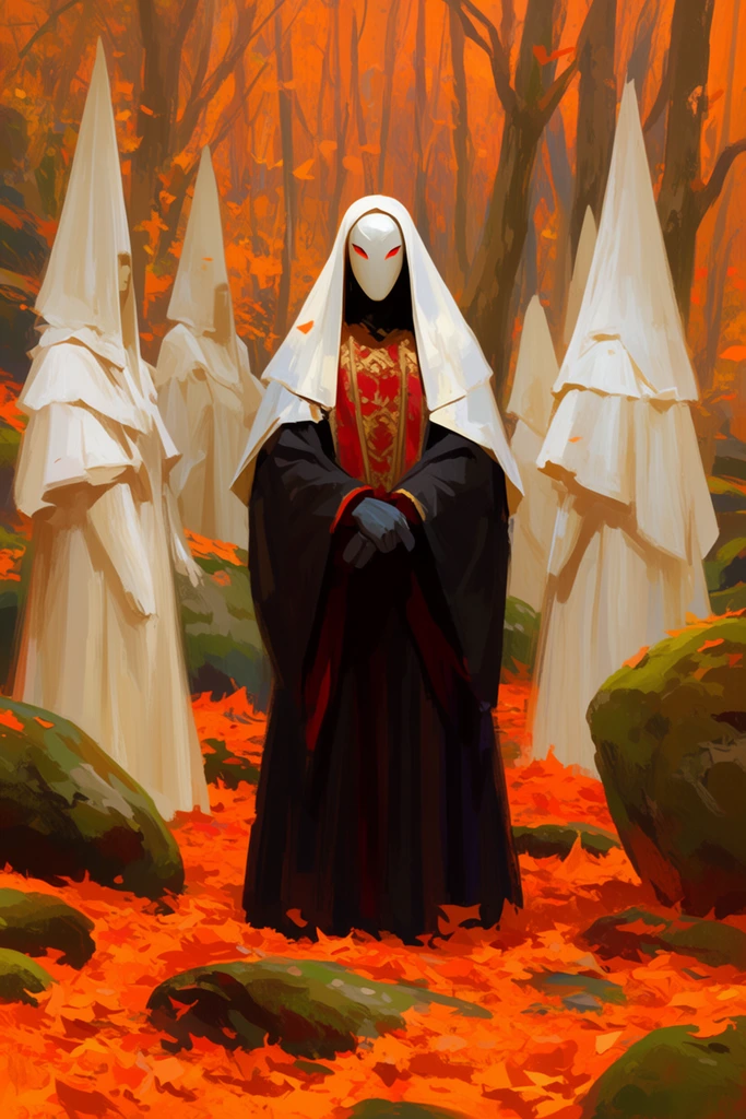 masked figure in a dark robe with red and gold chest panel, smooth white mask with narrow red slits and draped headdress, crossed gloved hands, surrounded by statuesque figures in layered white robes and tall pointed veils, vibrant autumn forest, ground blanketed in bright orange fallen leaves, mossy rocks, bare tree trunks, digital painting, expressive brushstrokes, warm lighting