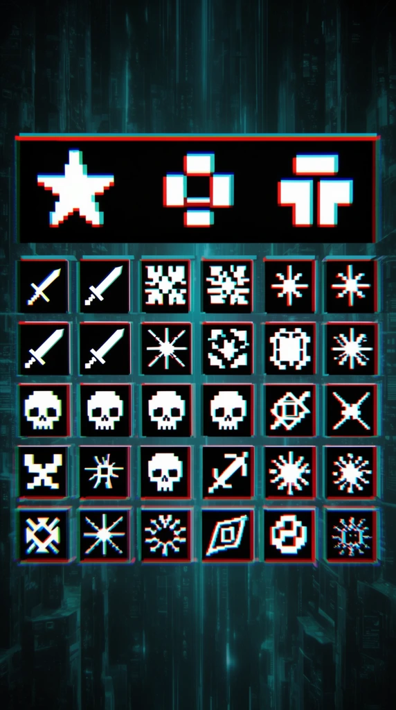 A grid of forty pixelated sci-fi symbols with a stereoscopic glitch effect rests against a dark, glowing cyan cybernetic background. Four rows of square black tiles contain distinct white 8-bit icons, including swords, skulls, and geometric bursts. A wide black rectangular banner above the grid displays a pixelated star and blocky abstract shapes. Every graphic exhibits pronounced chromatic aberration, casting neon red and cyan edge separations. Dark teal vertical lines and digital panels fill the backdrop, enhancing the retro-futuristic, high-contrast cyberpunk aesthetic with simulated CRT distortion.