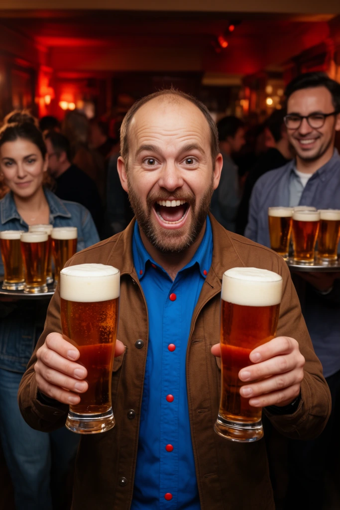 An enthusiastic man holds two tall, foaming glasses of amber beer in a lively, dimly lit venue. The central figure has a short beard and receding hairline, wearing a brown jacket over a bright blue shirt with red snaps, his mouth wide open in a mid-shout cheer. Flanking him in the soft-focus background, a woman in a denim jacket carries a silver tray of four beers on the left, and a smiling man in glasses carries another tray on the right. Warm red ambient lighting bathes the crowded room, contrasting with the crisp white foam of the beverages. The cinematic shot uses a shallow depth of field and eye-level framing to emphasize the vibrant energy and communal celebration.