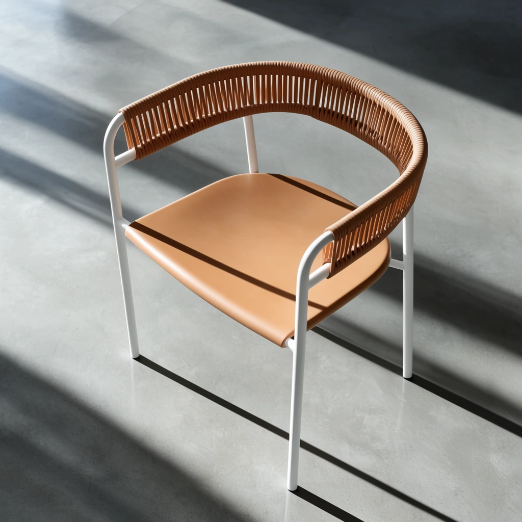 A modern minimalist armchair sits on smooth grey concrete beneath strong diagonal sunlight. Its white tubular metal frame features a curved backrest partially wrapped in tan leather cord, matching a smooth light brown seat. High-angle photography captures dramatic elongated shadows intersecting the clean geometric lines.