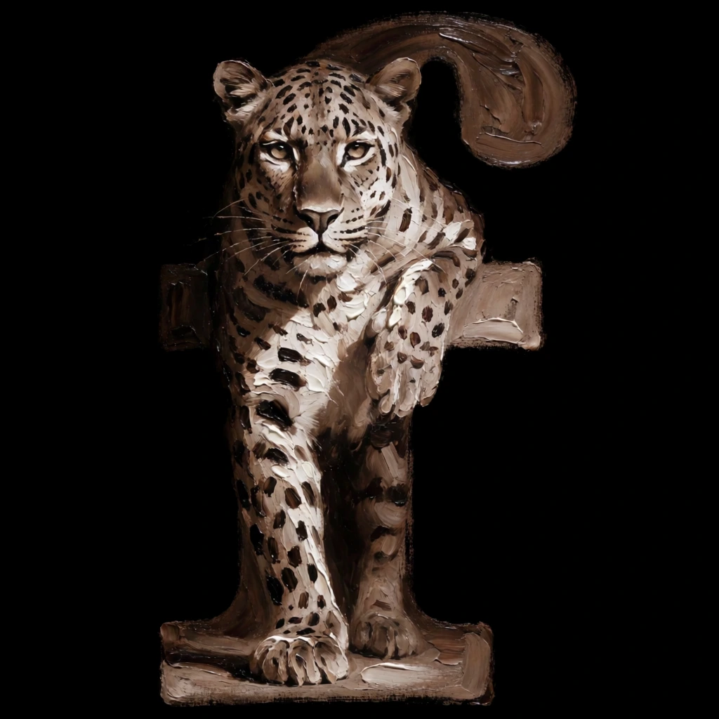 thick alla prima oil painting, a large letter f glyph containing a leopard, leopard's face emerging from the upper left crossbar looking forward, right front leg forming the vertical stem, left front paw resting on the lower crossbar, heavily textured impasto, gestural frantic brushwork with visible bristle marks, deep tenebrist chiaroscuro, monochromatic palette of raw umber and warm whites, pitch black void background, dark leopard spots suggested by staccato dabs of oil.
