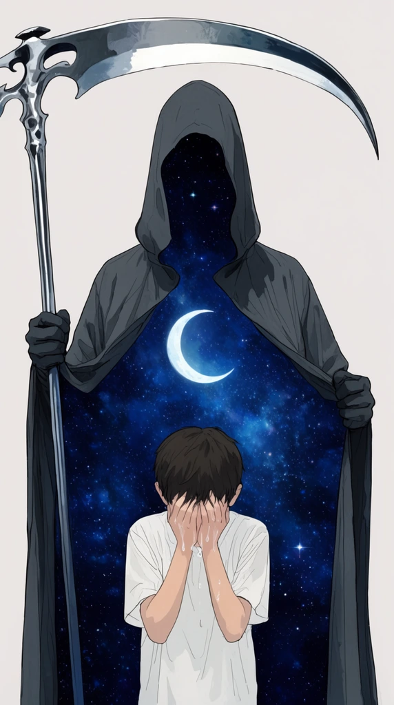 towering hooded figure holding a large silver scythe, pulling open its dark grey cloak to reveal a cosmic deep blue starry night sky and crescent moon inside its silhouette, standing behind a weeping boy in a white shirt covering his face, plain light background, surreal conceptual digital illustration, clean linework