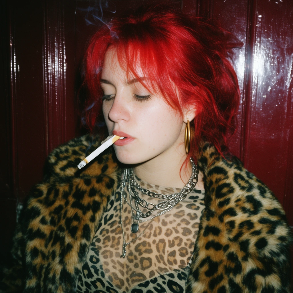 young woman with messy bright red hair smoking a cigarette, heavy leopard print faux fur coat, sheer leopard top, layered silver chain necklaces, gold hoop earrings, harsh flash photography, gritty candid nightlife snapshot, dark glossy red paneled background