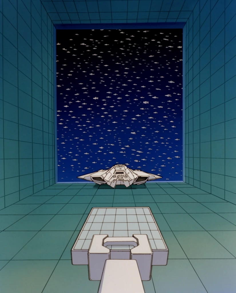 A geometric retro-futuristic hangar rendered in a classic 1980s 2D animation style with flat cel shading and precise linework. Teal grid-lined walls recede into deep one-point perspective. In the foreground, a blocky white mechanical arm holding a gridded platform extends outward. The far wall features a massive rectangular aperture opening to a dark blue outer space expanse speckled with hundreds of tiny white spacecraft silhouettes. An angular white ship rests at the threshold of this giant doorway, emphasizing the immense architectural scale.