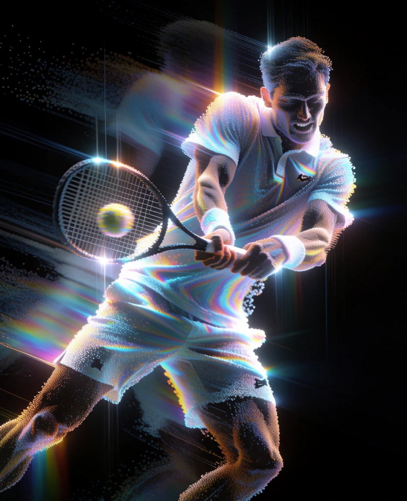 dynamic silhouette of a male tennis player performing a two-handed backhand, body composed of millions of shimmering iridescent particles and digital noise, pitch black background, glowing with prismatic light trails and intense chromatic aberration, vertical light streaks and ethereal holographic flares emanating from the figure, palette of electric cyan magenta and yellow, cinematic lighting, avant-garde glitch aesthetic, high-contrast composition, granular spectral texture