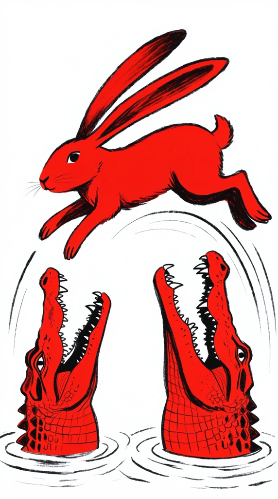 A stylized illustration of a vibrant red rabbit with elongated ears leaping over two red crocodiles emerging from water ripples. Rendered with rough black outlines and solid red fill on a stark white background. Curved black motion lines trace the rabbit's jumping arc above the crocodiles' open, jagged jaws.
