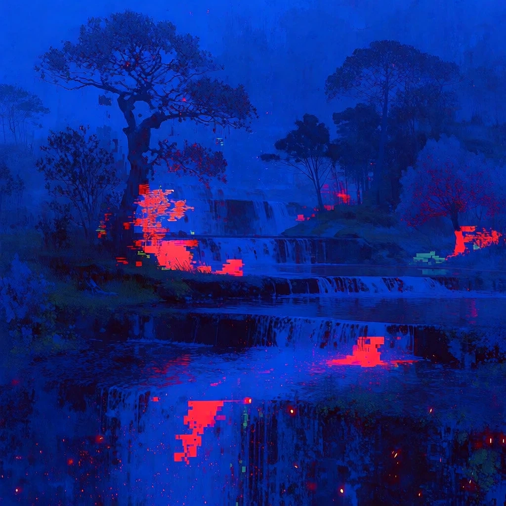 expansive terraced landscape with tiered waterfalls and gnarled trees, rendered in a monochromatic deep cobalt blue wash, neon electric red glitch artifacts and pixelated emissive highlights tracing the cascading water and foliage edges, lo-fi digital corruption aesthetic, heavy data-moshing textures, bitmapped silhouettes, high-signal chromatic noise, eerie nocturnal atmosphere with scattered glowing red sparks, extreme contrast, surveillance-tech visual filter.