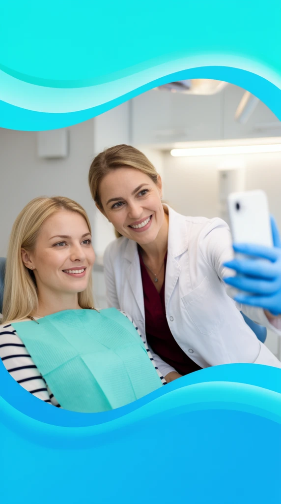 A photograph framed within a vibrant cyan and blue graphical layout with sweeping wavy borders captures a female dental professional and her patient taking a smiling selfie. The dentist leans in from the right, wearing a crisp white clinical jacket over a maroon top and bright blue nitrile gloves, holding a white smartphone outward. The seated blonde patient is positioned on the left, wearing a striped shirt and a teal dental bib, looking happily toward the phone. The background within the photo cutout is a brightly lit, soft-focus modern dental clinic featuring blurred clinical lighting and white cabinets.