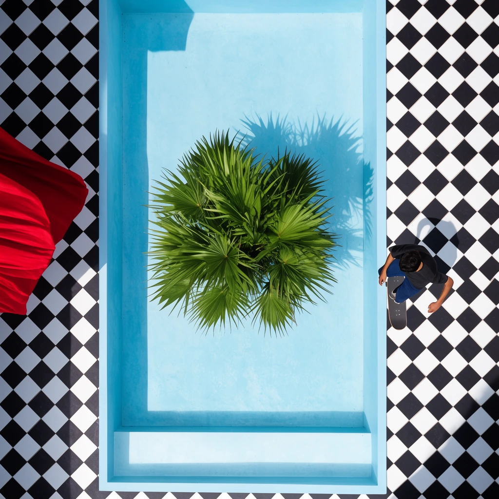 aerial top-down view, empty light blue pool, black and white checkered tile deck, central green palm plant, skateboarder riding right edge, red fabric, sharp shadows, geometric contrast