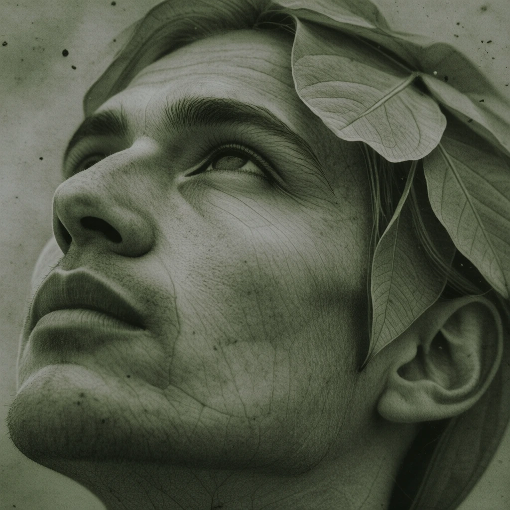 extreme close-up of a man looking upward with head tilted, hair intricately woven with wilted flowers and veined leaves, many small organic particles and dust motes suspended over his shoulder, rendered in a heavily desaturated olive and muted sage palette, high-grain filmic texture, tactile skin mimicking botanical surfaces, soft low-contrast diffused lighting, earthy monochromatic tones, melancholic and grounded atmosphere, dusty high-signal micro-details.