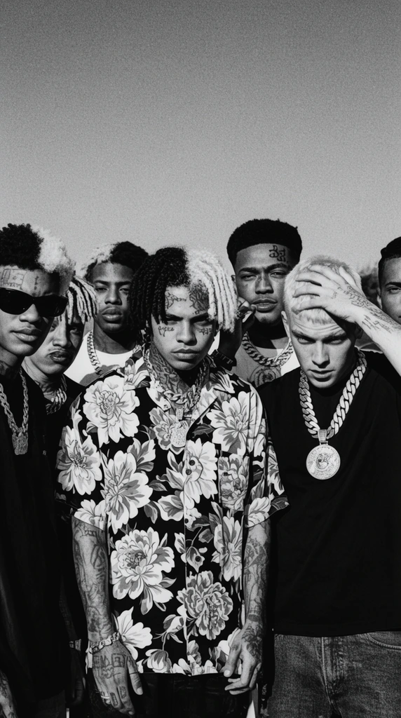 A high-contrast black and white editorial photograph captures a tight collective of young men standing against a featureless sky. The group sports diverse streetwear, heavy chains, face tattoos, and distinct hairstyles like two-tone braids and bleached crops. A man on the left wears dark sunglasses, while a central figure stands out in a bold, large-floral patterned short-sleeve shirt. Beside him, a blonde man with a massive pendant chain rests a hand on his head. The raw, documentary-style portrait features noticeable film grain and harsh, direct lighting that casts deep shadows, emphasizing the rich textures of their styling.