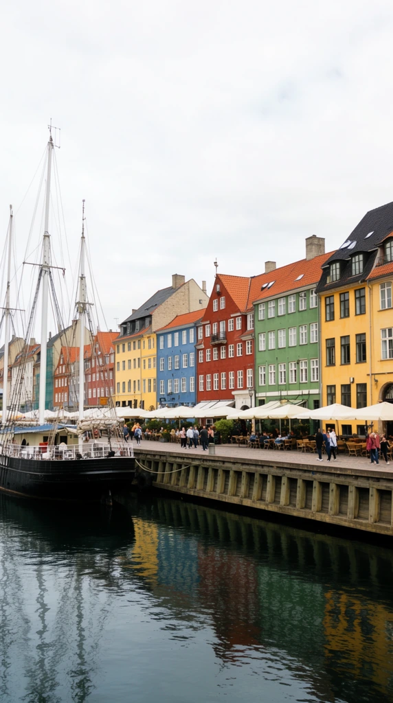 A waterfront scene with colorful historic buildings lining a canal, a large black sailing ship with tall white masts is moored in the foreground, the buildings are painted in shades of yellow, blue, red, and green with steeply pitched orange-red tile roofs, outdoor cafe seating with white umbrellas runs along the cobblestone promenade in front of the buildings, small groups of people are walking or sitting at the cafes, overcast sky, calm dark water reflecting the scene, daytime, wide-angle street photography, high-resolution architectural shot