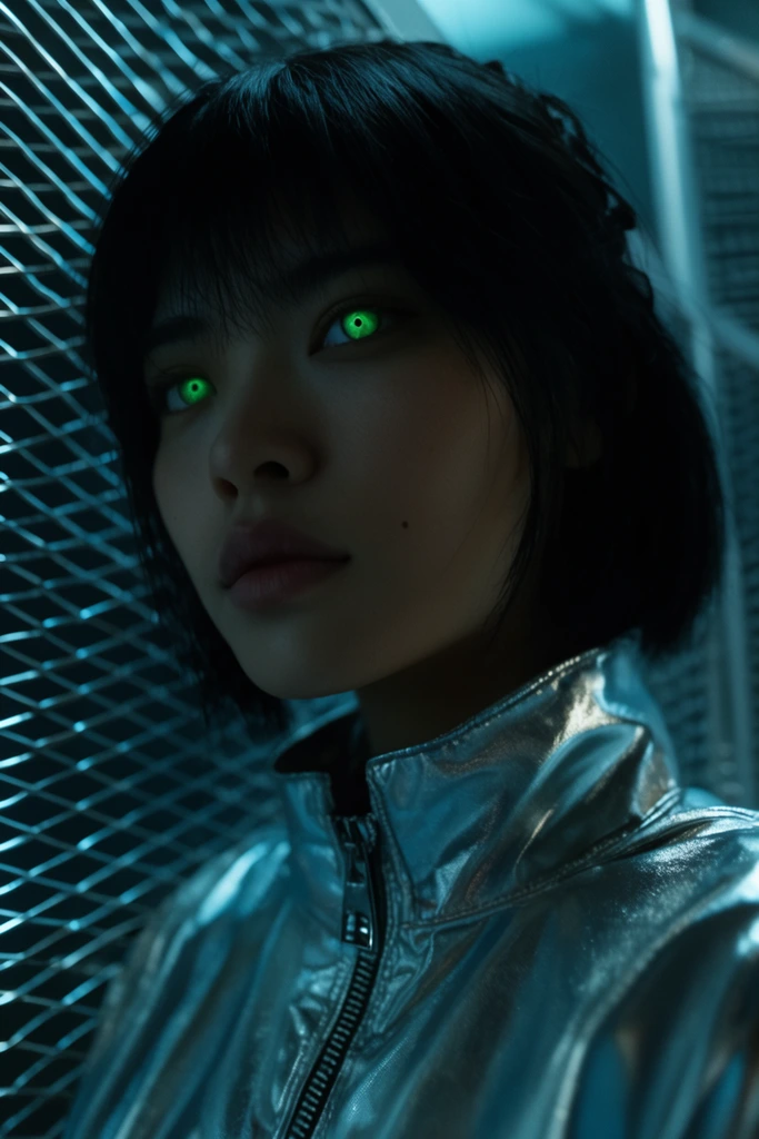 close-up portrait of a young Asian woman, glowing emerald green eyes, short black hair, silver metallic high-collar jacket, futuristic metal mesh ramp background, dim cinematic lighting, cool cyan ambient light, deep shadows, low angle camera