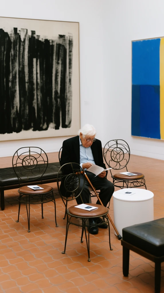 An elderly man with stark white hair and glasses reads a white pamphlet in a bright art gallery. He wears a black blazer, light blue shirt, and dark trousers, with a wooden cane resting against his leg. Surrounding him are delicate wrought-iron chairs featuring circular backrest motifs and round brown leather seats, alongside dark leather benches and a white cylindrical side table. Identical pamphlets lie on the empty seats and table. The space features a floor of interlocking, wavy terracotta tiles. Crisp white walls display large abstract paintings: one dominated by heavy vertical black brushstrokes on a pale background, and another showing solid blue and yellow blocks. The candid, eye-level composition uses soft, even lighting to highlight the striking contrasts between the dark furniture, vibrant artwork, and smooth gallery architecture.