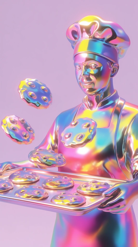 A baker holds a baking tray as cookies float suspended in the air, all rendered as a hyper-polished, iridescent liquid metal 3D sculpture. The baker, tray, and cookies feature a smooth, fluid chrome texture reflecting a vibrant holographic spectrum of neon yellow, cyan, magenta, and bright pink hues. Brilliant, sharp specular highlights catch the curves and stylized contours of the highly reflective metallic forms. The weightless, surreal composition is set against a seamless, solid pastel lilac background. Soft, diffused ambient lighting wraps around the luminous, rainbow-shifted surfaces to create an ethereal, dreamy, high-end CGI aesthetic with pristine rendering quality and perfectly smooth, glass-like gradients.