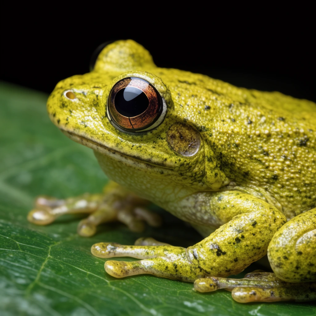 yellowish-green frog resting on a green veined leaf, bumpy textured skin with dark speckles, large glossy eye with copper iris, extreme close-up macro photography, sharp focus, stark black background, high contrast lighting