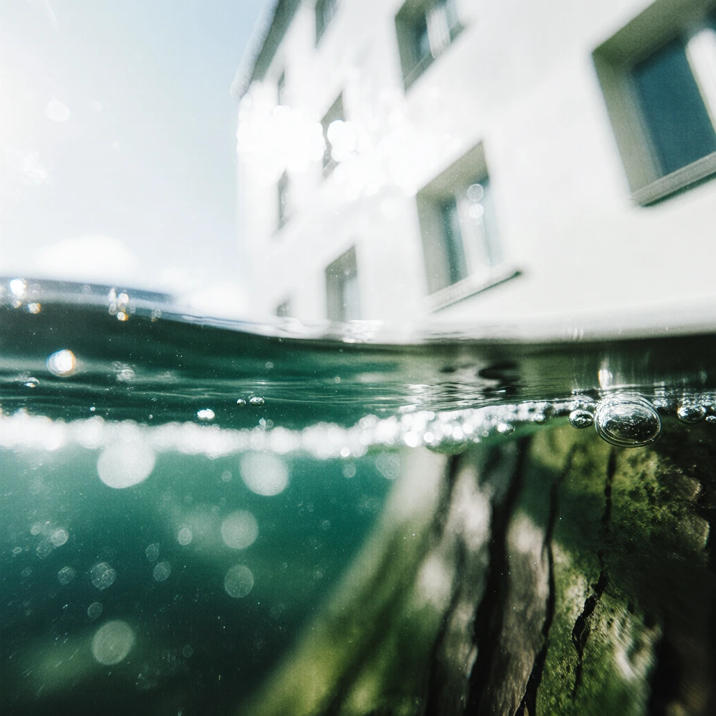 split-frame horizontal composition, top half featuring minimalist building wall with windows, bright overexposed sky highlights, bottom half showing rough organic tree trunk texture submerged in deep emerald tones, sharp fluid meniscus line with trapped air bubbles and suspended particles, ethereal bokeh, cinematic depth of field, architectural whites mixed with saturated mossy teals, wide-angle lens perspective, documentary aesthetic with high-end commercial polish