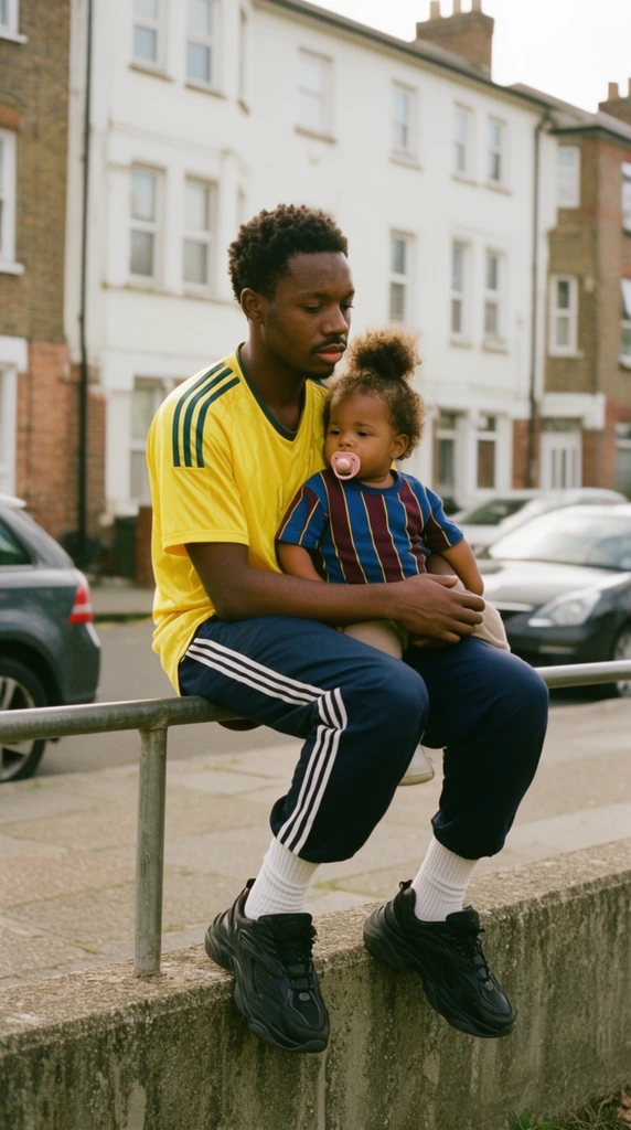 A young Black man sits on a metal railing above a low concrete wall in a residential neighborhood, gently cradling a toddler on his lap. The pensive man wears a bright yellow short-sleeved athletic jersey with dark shoulder stripes, navy track pants with white side stripes, white ribbed socks, and chunky black sneakers. The toddler rests sideways against his chest, featuring curly hair in a top puff, a pink pacifier, and a blue and maroon vertically striped shirt. A softly focused urban backdrop reveals a multi-story white apartment building with brick accents and a street lined with parked cars. Captured in a documentary street photography style, the scene utilizes natural daylight and a shallow depth of field, imbuing the tender composition with warm, nostalgic film tones.