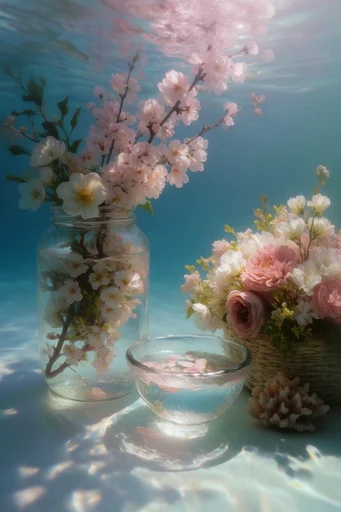 Ethereal Submerged Whimsy style reference image — floating cherry blossoms