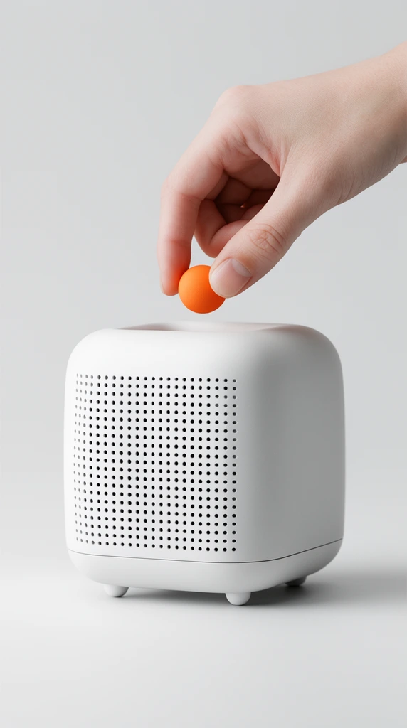 Pale human hand dropping a small bright orange sphere into a minimalist matte white rounded cube device, perforated front speaker grille, four tiny rounded feet, seamless light gray studio background, soft diffused high-key lighting, modern industrial design, crisp product photography, subtle shadow