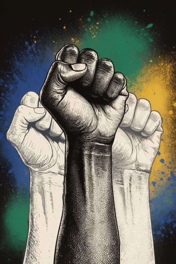 multiple raised human fists extending vertically, vintage woodcut engraving style, highly detailed cross-hatching and stippling, stark black and white forearms, central prominent fist heavily shaded in dark ink, flanking fists rendered with lighter outlines, abstract textured background, vibrant spray paint splatters in deep blue emerald green and golden yellow, solid black backdrop, dynamic layered composition, dramatic high contrast ink drawing