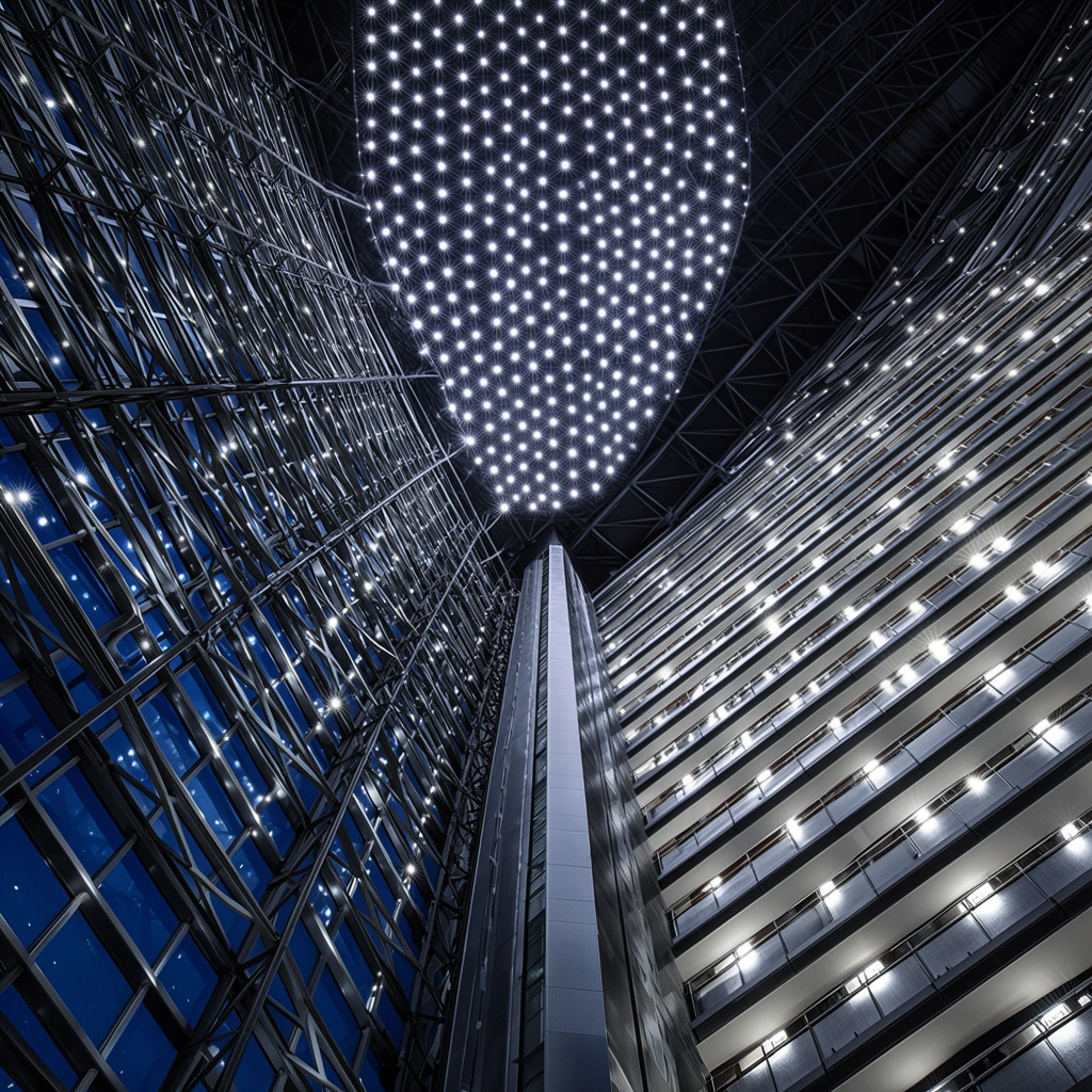 An extreme low-angle perspective looking straight up into a vast, futuristic architectural atrium. Converging walls of deep blue and charcoal steel funnel upward toward a dark structural ceiling. The left side features a dense grid of crisscrossing metal frameworks dotted with glowing white lights, while the right displays horizontally stacked balconies illuminated by bright fixtures. A central vertical shaft leads the eye to the apex, where a dark truss roof is blanketed in a perfect matrix of brilliant white lights mimicking a starry night sky. The high-contrast architectural photography emphasizes monumental scale, precise geometric symmetry, and a cold atmosphere defined by sharp diagonal lines and pristine illumination.
