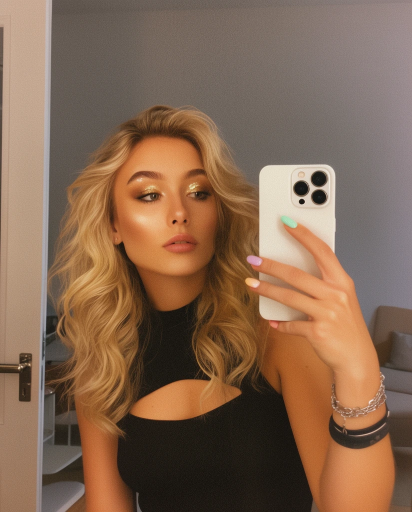 A young woman with voluminous wavy blonde hair takes a mirror selfie holding a white triple-lens smartphone. She gazes to the side, displaying shimmering gold eyeshadow, contoured cheeks, and a black sleeveless cutout top. Her hand features pastel manicured nails, silver chain bracelets, and a dark wristband. The softly lit, warm-toned reflection reveals a minimalist gray room, a white door frame with a metallic handle, and blurred furniture elements, all unified by a subtle grainy film texture.