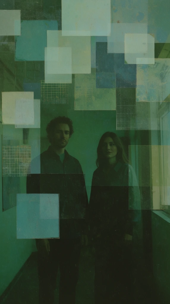 A man and a woman stand in a hallway, rendered in a fragmented analog collage technique heavily tinted in muted greens and teals. The figures are positioned within the architectural confines of the corridor, unified by a monochromatic color palette of deep forest greens, dark teals, and faded pale cyans. The upper portion of the composition is heavily obscured by a dense array of overlapping, semi-transparent square and rectangular patches. These sharp-edged geometric overlays fracture the scene, with each block displaying varying levels of opacity, shifting light exposures, and faint independent textures, including subtle grid-like patterns confined within specific squares. The overall visual treatment features heavy, coarse film grain, soft diffused lighting, deep underexposed shadows, and a flat, matte finish characteristic of weathered, double-exposed vintage print media.