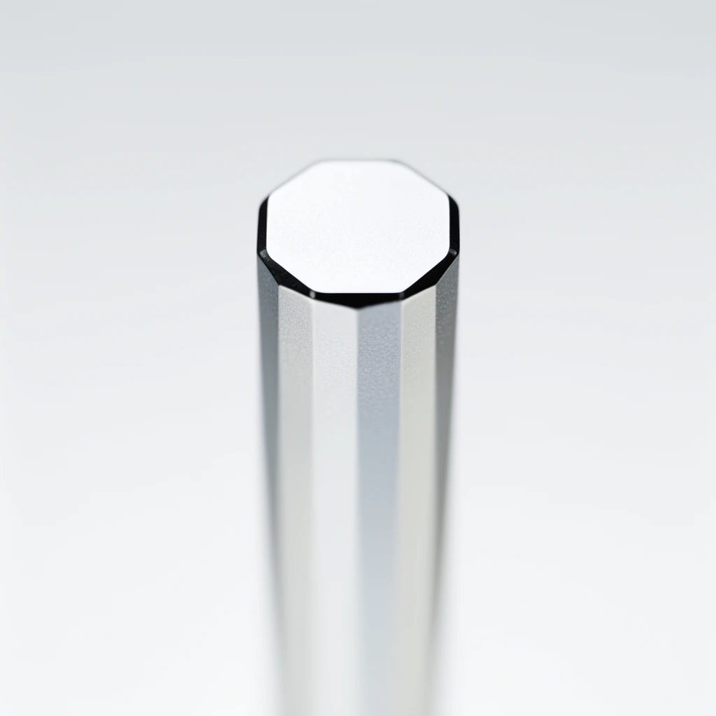 A minimalist macro photograph of a faceted metallic cylinder rising vertically centered against a seamless pale gray background. The flat top features dark chamfered corners in crisp focus, while an extreme shallow depth of field smoothly blurs the lower silver shaft into the bright, diffused studio lighting.