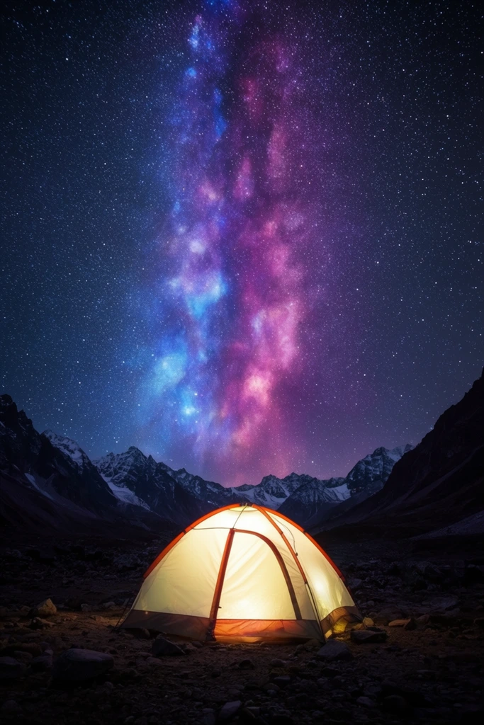 A brightly glowing dome tent sits on rugged, rocky ground in a dark valley beneath a spectacular night sky. The tent, illuminated from within by a warm yellow light with orange trim, provides a striking focal point against the shadowed terrain. Silhouetted jagged mountain peaks dusted with snow enclose the distant horizon. Above stretches a vast celestial canopy dominated by the Milky Way. Vibrant bands of deep purple, vivid pink, and glowing blue cosmic dust form a massive vertical pillar through the center of the deep navy sky. Thousands of crisp white stars blanket the atmosphere. The wide-angle astrophotography composition contrasts the intimate warmth of the isolated shelter with the infinite, cool-toned expanse of the universe.
