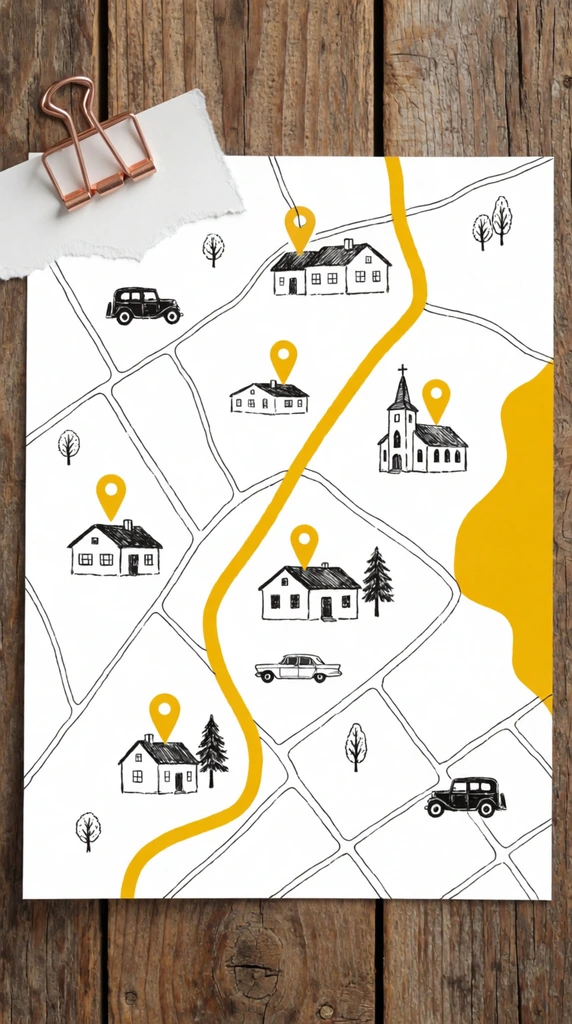 top-down flat lay of a minimalist illustrated map on white paper over weathered vertical wood planks, black ink sketches of houses, a church, vintage vehicles, and scattered trees, thin black contour lines crisscrossing a thick meandering mustard yellow path, solid yellow teardrop location pins above the sketched buildings, an irregular mustard yellow mass on the right edge, a jagged torn scrap of white paper fastened to the top left corner with a metallic rose gold wire binder clip, soft overhead lighting, realistic rich brown wood grain textures