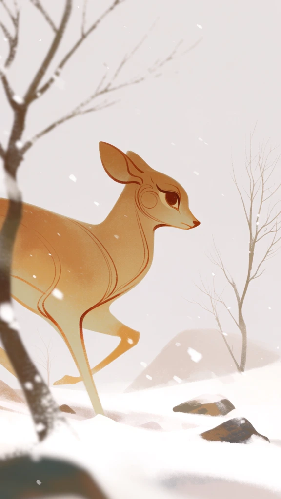 painterly digital illustration of a deer in a snowy field, stylized character design with large expressive eyes, soft-focus rendering with blended brushstrokes, warm ochre and sienna fur tones, delicate charcoal-colored line art with tapered weights, skeletal bare trees in foreground and background providing depth, gentle falling snow particles, minimalist high-key composition, soft diffused lighting, ethereal atmosphere, muted desaturated color palette, clean concept art aesthetic.