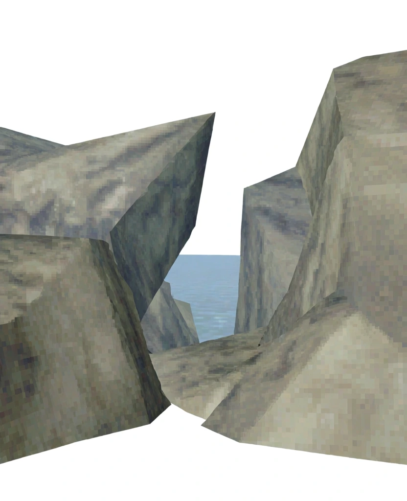 low-poly 3d environment, nostalgic retro gaming aesthetic, late nineties ps1-era graphics, pixelated low-resolution textures, visible jagged polygonal edges, a narrow canyon opening between two sharp rock formations, a distant body of water visible through the gap, flat baked-in lighting, minimal shading, desaturated color palette of stony greys and pale blues, isolated on a solid white background, aliased graphic style, chunky geometry.