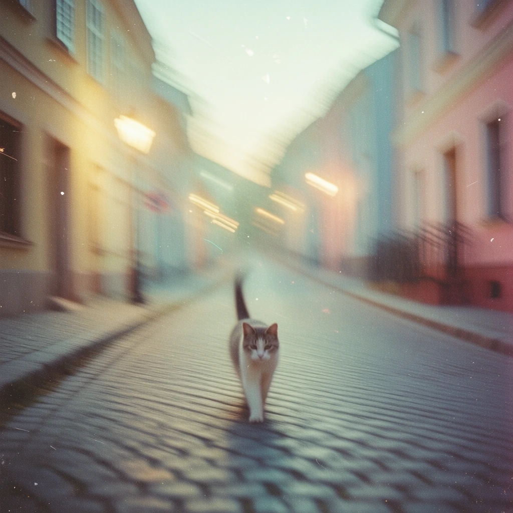 impressionistic shot of a cat walking towards the viewer on a cobblestone street lined with buildings and streetlamps, captured in a dreamy motion blur style with heavy film grain, vintage aesthetic, soft-focus ethereal glow, desaturated pastel color palette with warm yellows and dusty blues, hazy atmosphere, nostalgic film look, painterly quality, light composition, subtle motion streaks, organic grainy textures, soft gradients, cinematic and poetic mood