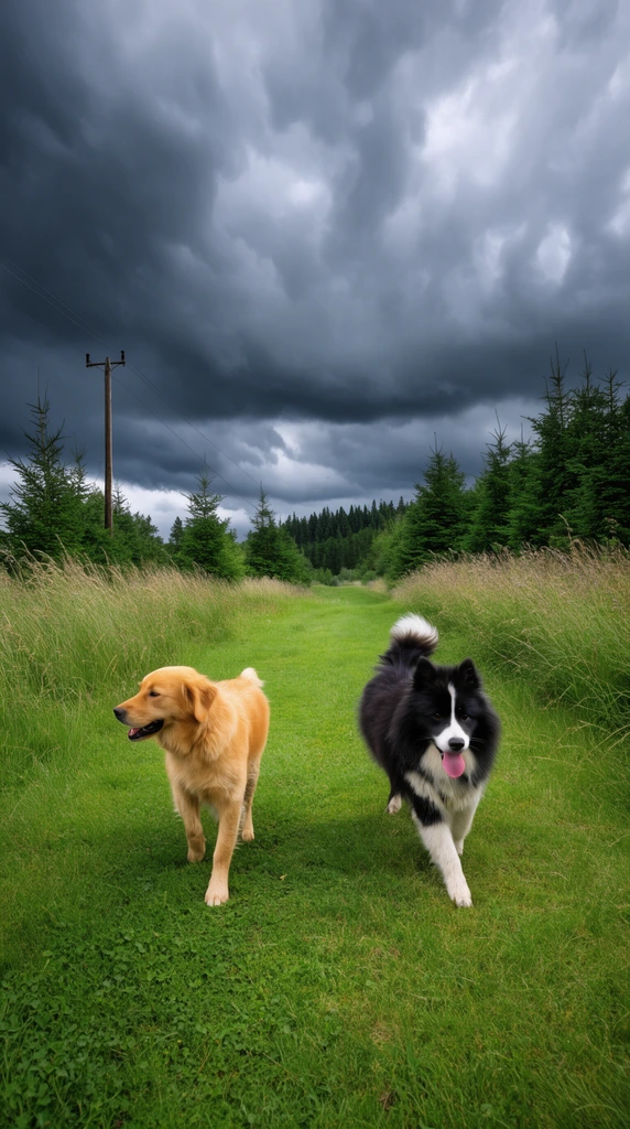 two dogs on a vibrant green grassy path, golden dog looking left, fluffy black and white dog walking forward with tongue out, flanked by tall wild grass, evergreen trees, distant forest, wooden utility pole, dramatic heavy grey storm clouds overhead, wide-angle landscape