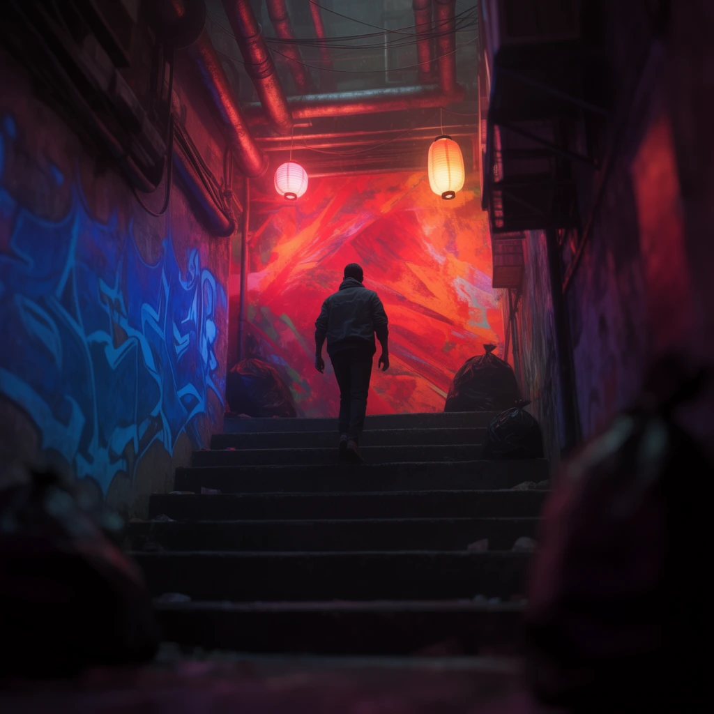 lone figure walking up dark concrete stairs, neon-lit urban alleyway, bright red and orange abstract mural on back wall, blue graffiti on side wall, hanging glowing paper lanterns, exposed industrial pipes, dark trash bags, low angle perspective, strong depth of field, blurred dark foreground, vibrant neon contrast, cinematic lighting, moody atmospheric glow, photorealistic digital art