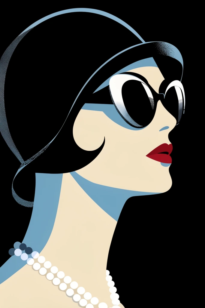 minimalist vector portrait of a female profile facing right, cream skin with flat light blue geometric shadows, sleek black 1920s cloche hat, elegant pearl necklace, oversized glamorous sunglasses, black background, deep red lips, high-contrast pop-art aesthetic, bold flat color planes, halftone dot textures, crisp graphic illustration
