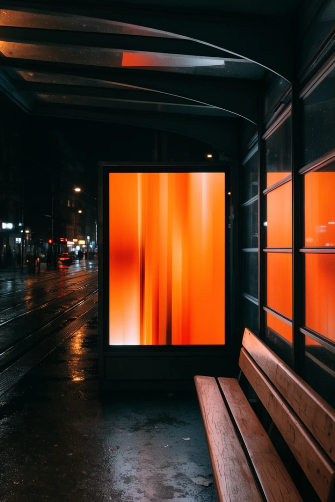 Glowing bright orange rectangular display at a dark transit shelter, abstract vertical light gradients, adjacent slatted wooden bench, glass walls reflecting neon orange glow, dark wet city street at night, tram tracks catching ambient streetlight reflections, cinematic night photography