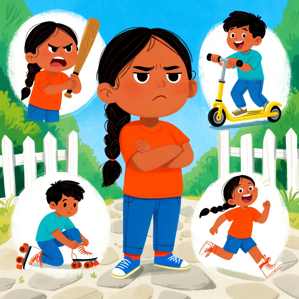 Vibrant 2D digital illustration, children's book style, large grumpy girl with a dark braid and orange shirt crossing arms, floating circular vignettes of her angry and holding a bat, joyful boy on a yellow kick scooter, boy tying roller skates, girl running, stone path, white fence, green trees