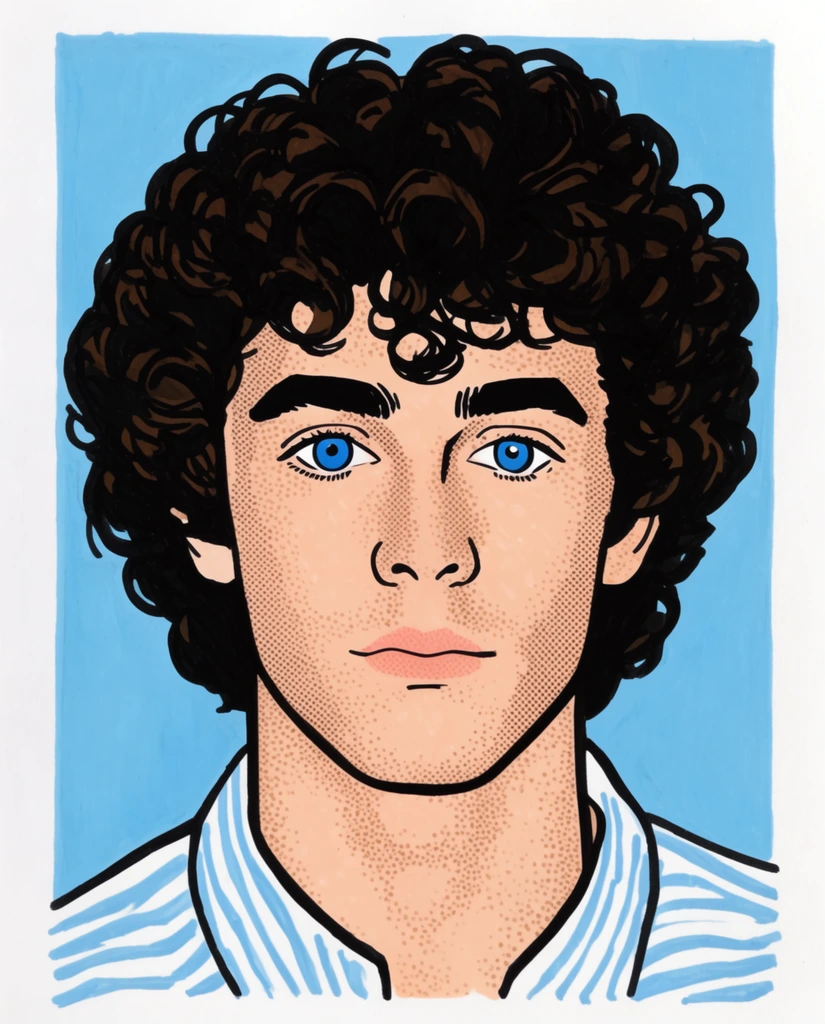 pop art portrait of a young man with voluminous curly hair and striking blue eyes, solid light blue rectangular background, heavy black marker outlines, stippled halftone dot skin texture, thick dark eyebrows, neutral expression, white and light blue striped shirt, flat colors, comic book illustration aesthetic, bold graphic contrast, white outer canvas