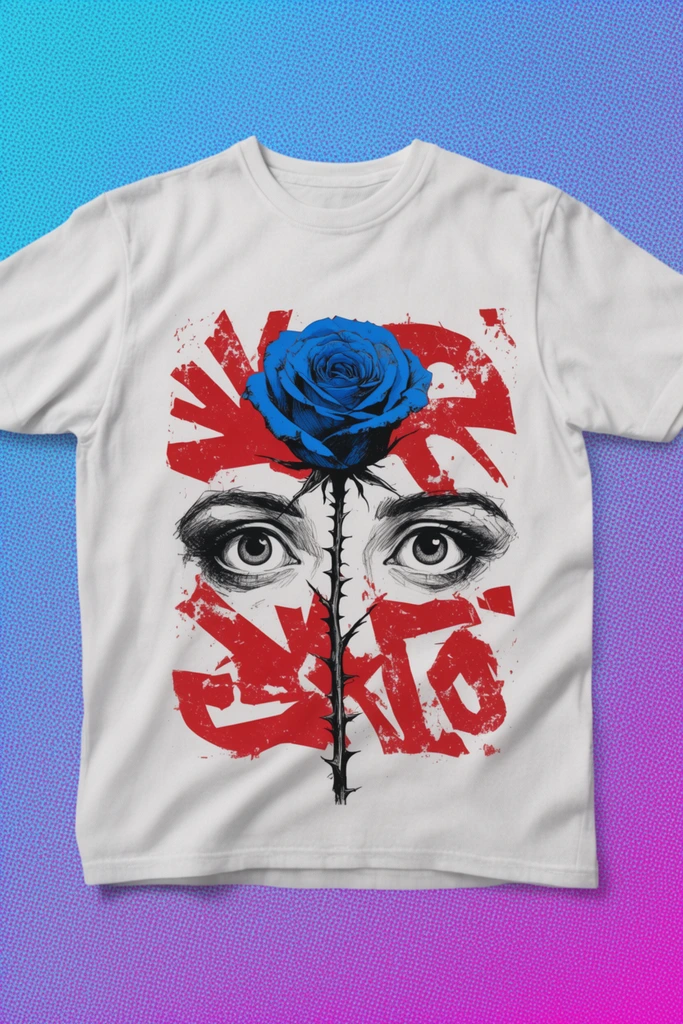 A white crew-neck t-shirt laid flat against a vibrant duotone halftone dotted background transitioning from bright cyan to magenta. The center of the shirt displays a striking grunge-style illustration featuring a vibrant blue rose with a dark, thorny stem extending downward. The vertical stem bisects a detailed black-ink sketch of two wide, expressive eyes looking slightly upward. Surrounding the central rose and eyes are bold, distressed crimson-red abstract graphic shapes resembling chaotic stencil art. The fabric features soft, natural folds casting subtle shadows onto the textured, retro-pop-art backdrop.