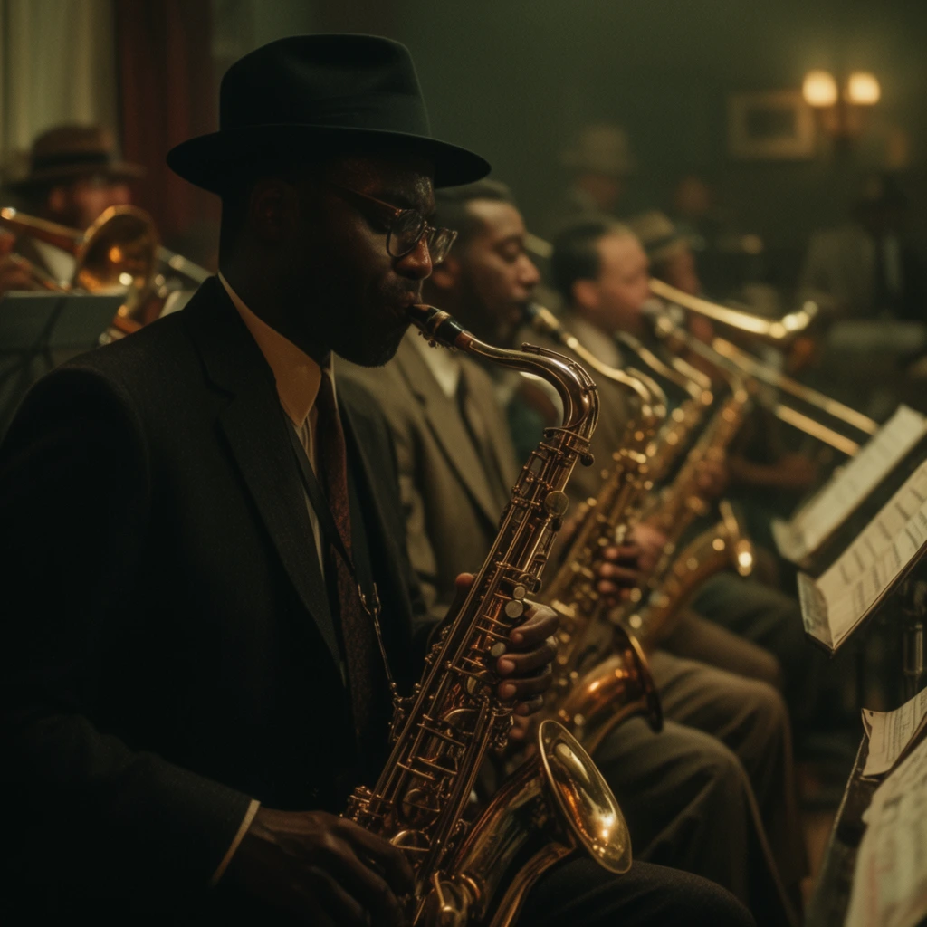 focused Black male saxophonist in a dark suit, glasses, and black fedora playing a gleaming brass saxophone, side profile of a jazz big band in a dimly lit room, shallow depth of field, blurred background of seated musicians in vintage attire playing saxophones and trombones behind music stands, moody low-key lighting, cinematic warm amber and olive green color grading, glowing reflections on instruments