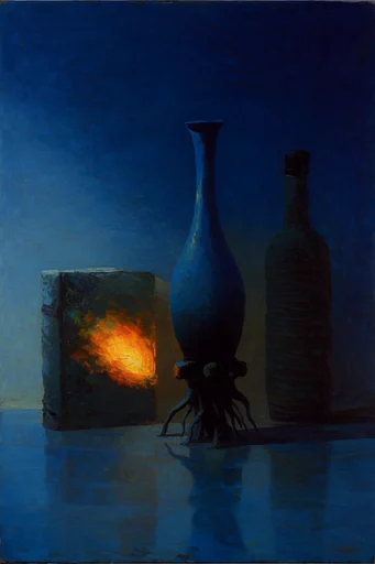 Nocturnal Surrealist Chiaroscuro style reference image — deep twilight blue