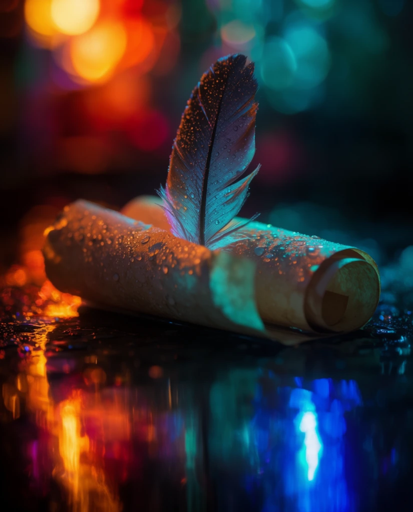 One feather standing upright inside a partially unrolled scroll resting on a dark, glossy, heavily wet surface. The feather and the textured parchment are blanketed in tiny, gleaming moisture droplets that catch intense, highly saturated neon lights. Piercing cyan and teal illumination strikes the right side of the composition, while a fiery orange, red, and golden glow heavily saturates the left side, creating dramatic, high-contrast rim lighting across the upright plume and curling paper. The slick, flooded foreground dramatically mirrors these intense light sources, creating elongated, luminous, smeared reflections of electric blue and vibrant amber. An extreme shallow depth of field limits sharp focus entirely to the central feather and the immediate wet curve of the scroll, blurring the deep, dark background into a rich, cinematic expanse of massive, overlapping, brilliantly glowing bokeh orbs in matching nocturnal neon hues.