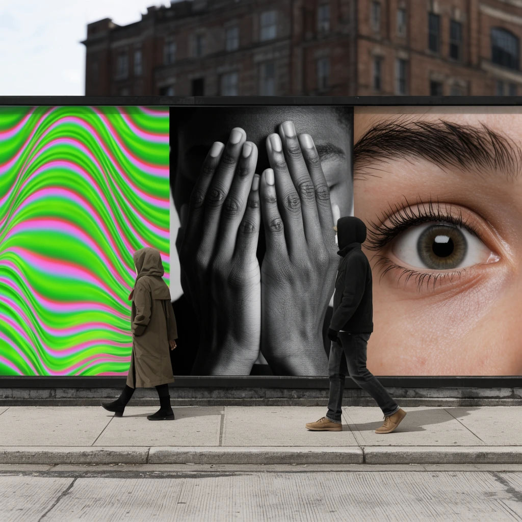 two pedestrians walking past a long urban billboard, vibrant panels displaying neon green and pink optical waves, black-and-white portrait of a hand covering a face, close-up photo of a wide eye, concrete sidewalk