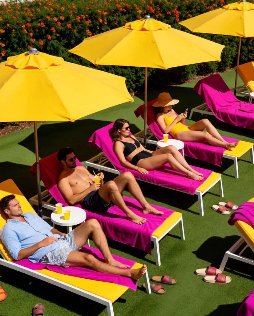 A vibrant, high-angle lifestyle photograph capturing several people relaxing on bright yellow lounge chairs shaded by matching expansive yellow umbrellas on green artificial turf. Vivid magenta towels drape across the chairs and individuals, creating a striking color contrast. A man in a light blue shirt and patterned shorts rests on the lower left chair. Beside him, a shirtless man holds a yellow drink. Other loungers include a woman in a black two-piece and another in a yellow swimsuit and woven straw hat looking at a mobile device. Harsh direct sunlight casts sharp, dark shadows across the scene. Small white side tables, plastic cups, and scattered slide sandals dot the grass. A dense green hedge dotted with small orange flowers forms the background boundary.