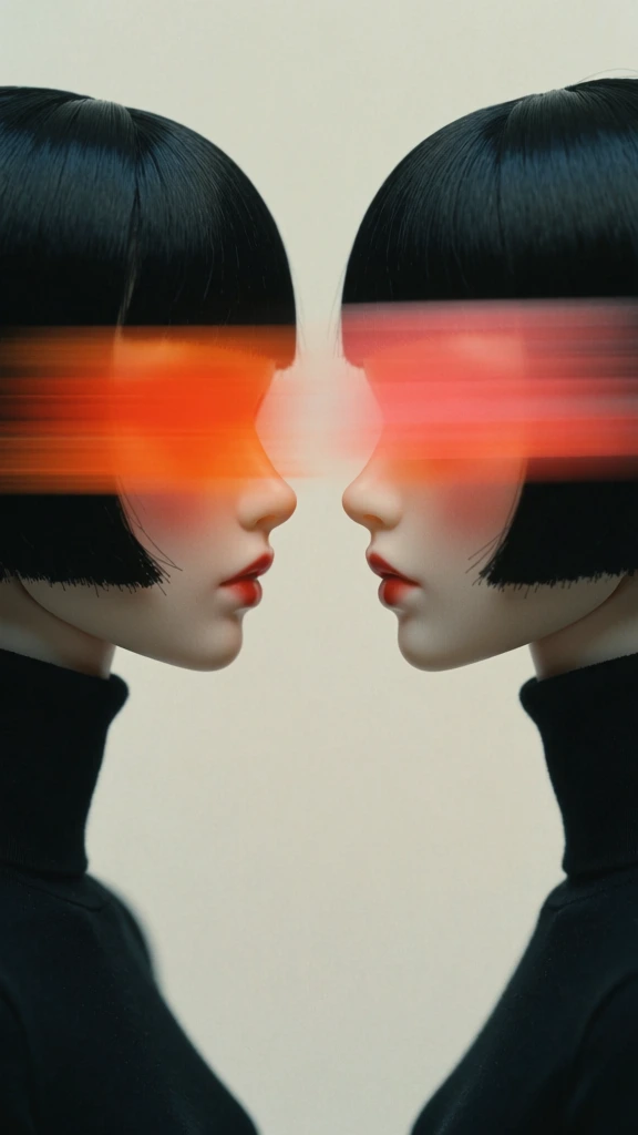 ultra-minimalist editorial photography of two porcelain dolls with sharp black bobs facing each other in profile, wearing high-neck black turtlenecks against a muted off-white background, cinematic lighting, heavy horizontal motion blur streaks across both sets of eyes in vibrant gradients of neon orange and coral, avant-garde aesthetic, sharp focus on the lower faces and matte red lips, ethereal and haunting atmosphere, grainy film texture, sophisticated art house composition.
